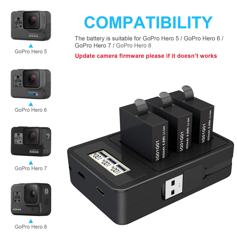 2 Pack Replacement Battery for Gopro Hero 8 Quick Charger Accessories with Digital Monitor 1800mAh Batteries Compatible with GoPro Hero 8 Black Hero 7 Black Hero 6 Black Hero 5 Black