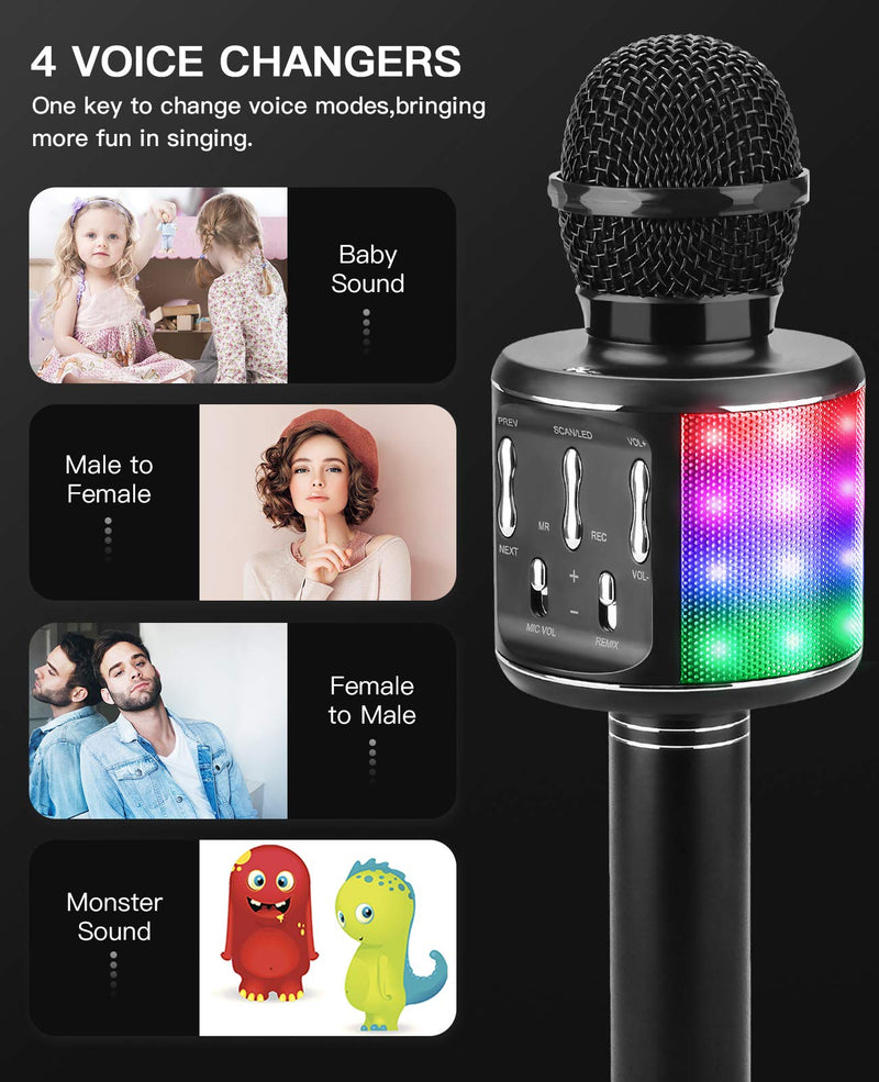 BlueFire Bluetooth Karaoke Wireless Microphone Machine with LED Lights, Portable Microphone for Kids, Gifts Toys for Kids, Girls, Boys and Adults (Black) Black