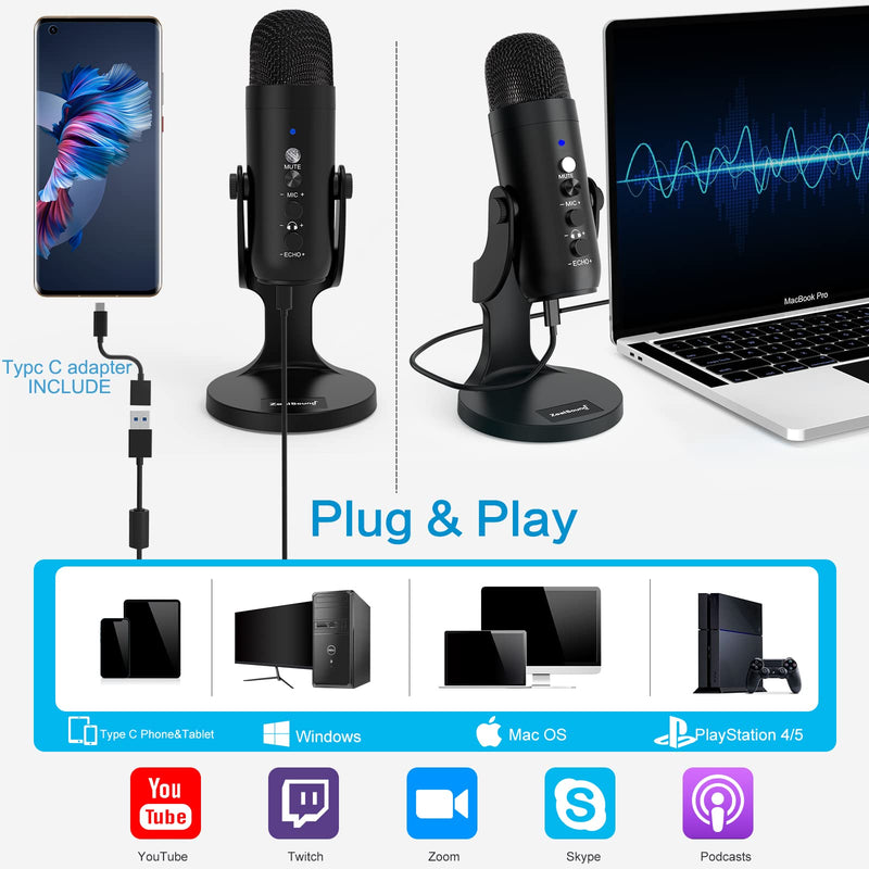 [AUSTRALIA] - ZealSound USB Microphone,Condenser Computer PC Mic,Plug&Play Gaming Microphones for PS 4&5.Headphone Output&Volume Control,Mic Gain Control,Mute Button for Vocal,YouTube Podcast on Mac&Windows(Black) 