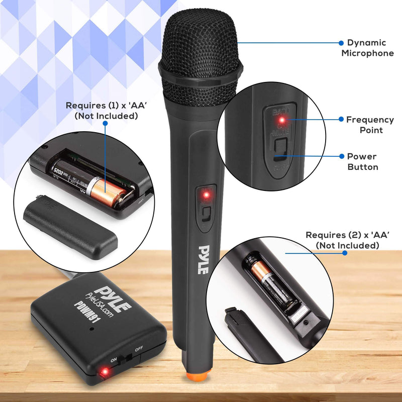 [AUSTRALIA] - Portable VHF Wireless Microphone System - Professional Battery Operated Handheld Dynamic Unidirectional Cordless Microphone Transmitter Set W/Adapter Receiver, for PA Karaoke DJ Party - Pyle PDWM91 