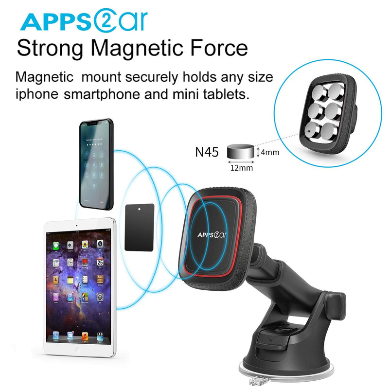 Magnetic Phone Car Mount,APPS2Car Universal Dashboard Windshield Industrial-Strength Suction Cup Car Phone Mount Holder with Adjustable Telescopic Arm,6 Strong Magnets,for All Cell Phones