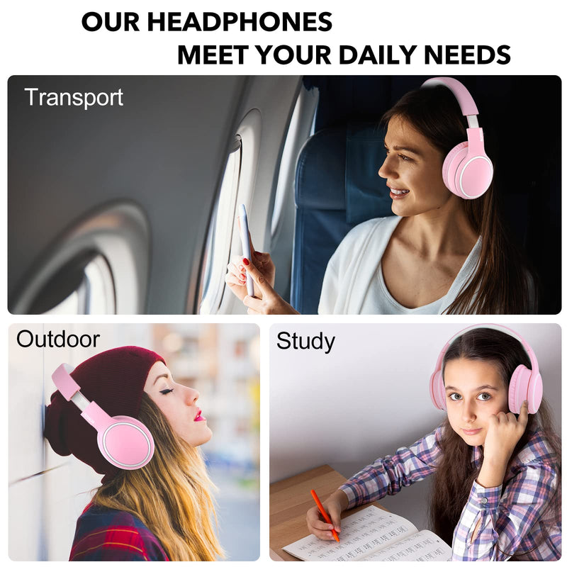 RORSOU B10 Bluetooth Headphones Over Ear, Lightweight Folding Stereo Bass Wireless and Wired Headset with Mic, 50H Playtime, Volume Control, Bluetooth 5.3 Headphones for iPad/Travel/Tablet/PC (Pink) Pink