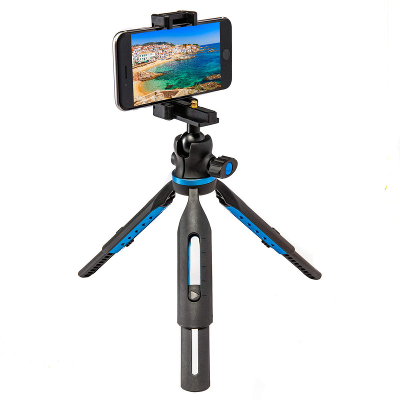 Ritz Gear Blue Anodized Aluminum/ABS Height-Adjustable Tabletop Tripod standard packaging