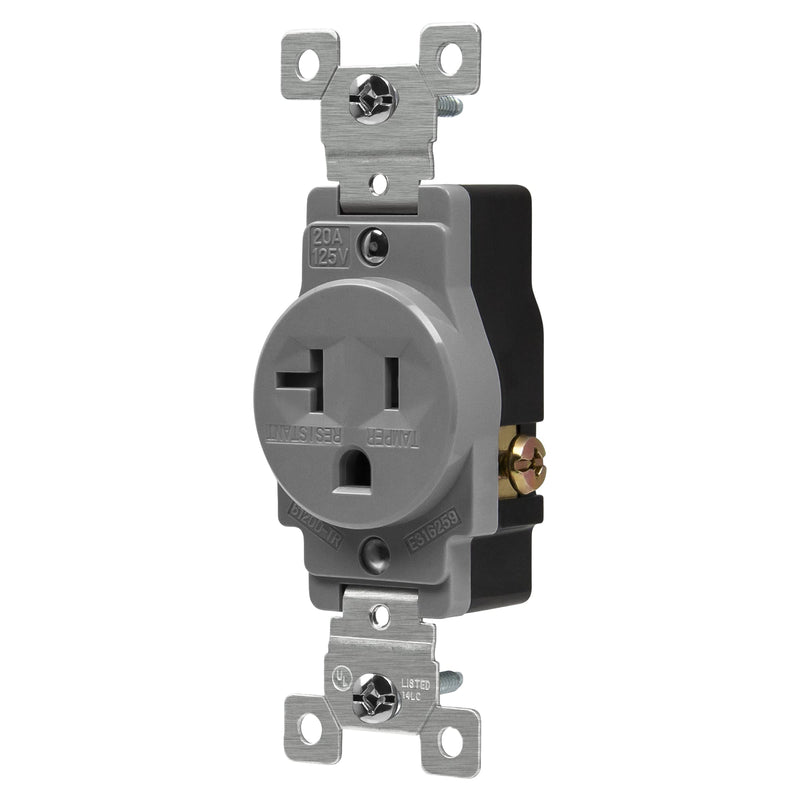 ENERLITES Single Receptacle Outlet, Tamper-Resistant, Commercial Grade, 3-Wire, Grounding Screw, 2-Pole, 5-20R, UL Listed, 61200-TR-GY-10PCS, (10 Pack), 20A 125V Gray, 10