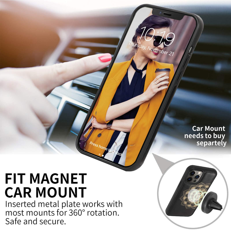 CASEOWL Wallet Case Compatible for iPhone 12 Pro Max,Magnetic Detachable Case Fit Magnetic Car Mount,Card Solts Holder, Embossed Mandala Pattern Flower Floral Leather Flip Wallet Case[Black] Black [Compatible for iPhone 12 Pro Max 6.7'' ONLY]