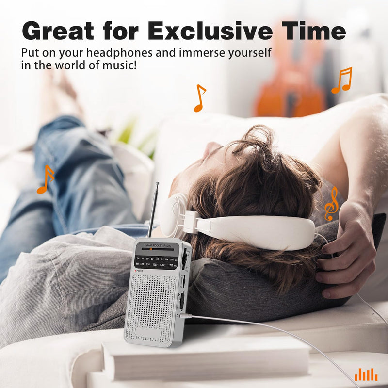 Portable Radio AM FM, Goodes Transistor Radio with Loud Speaker, Headphone Jack, 2AA Battery Operated Radio for Long Range Reception, Pocket Radio for Indoor, Outdoor and Emergency Use - Silver New-Silver