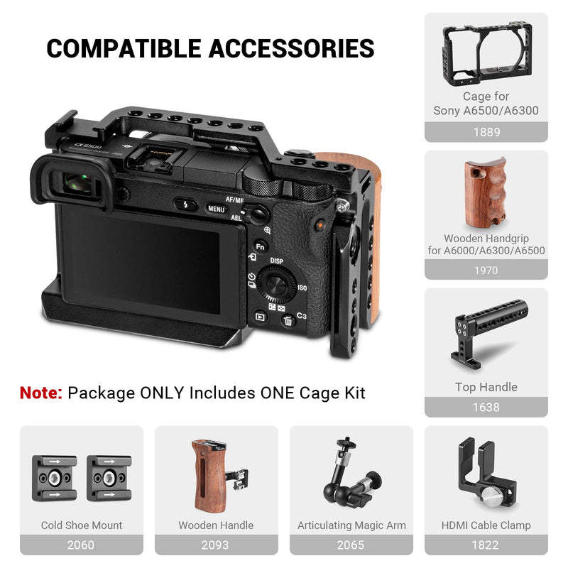 SMALLRIG Camera A6500 Cage Kit with Wooden Handle Hand Grip for Sony Alpha A6500/ILCE-6500 4K Digital Mirrorless Camera - 2097