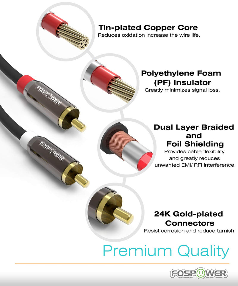 FosPower (2 Pack 2 RCA M/M Stereo Audio Cable [24K Gold Plated | Copper Core] 2RCA Male to 2RCA Male [Left/Right] Premium Sound Quality Plug - 3FT