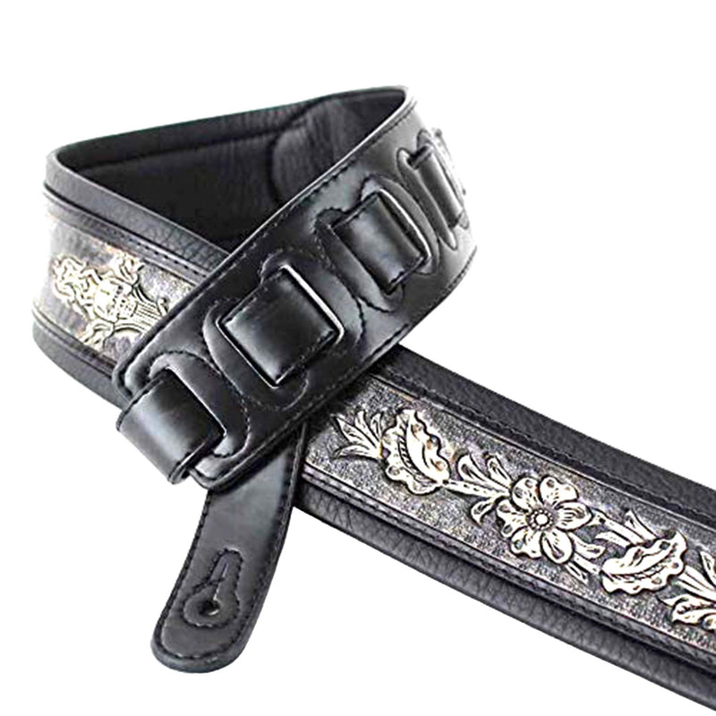 Walker and Williams KB-02-BLK Distressed Black Carving Leather Padded Strap With Floral Skull & Cross