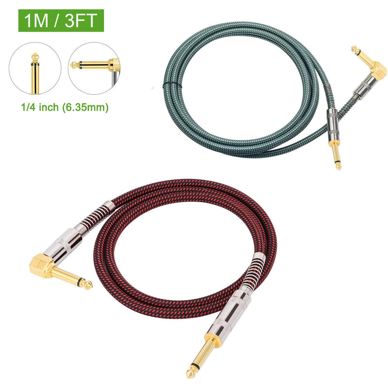 OTraki 2 Pack Instrument Cables 3FT Electric Guitar Cord 1/4 Inch Straight to Right Angle Gold Plated 6.35mm TS Plug 1M Nylon Connect Cable for Guitar Bass Drum Audio Device 3 Feet