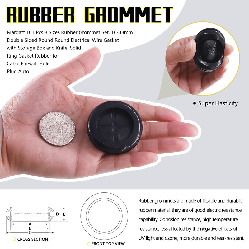 Mardatt 101 Pcs 8 Sizes Rubber Grommet Set, 16-38mm Double Sided Round Round Electrical Wire Gasket with Storage Box and Knife, Solid Ring Gasket Rubber for Cable Firewall Hole Plug Auto