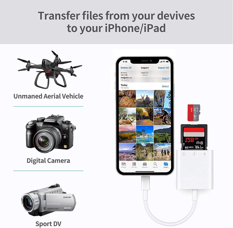 2 in 1 Lightning to SD Card Reader for iPhone, [Apple MFi Certified] Dual Slot Micro SD TF Memory Card Reader Adapter, Trail Game Camera SD Card Viewer, Quickly Transfer Photos Videos Plug and Play