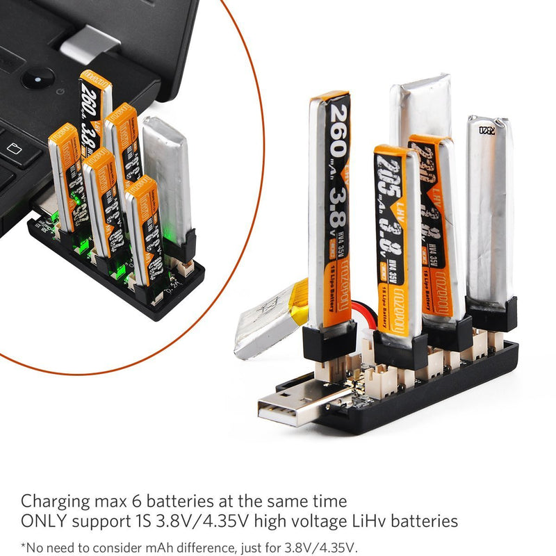 Upgrade 1S LiPo Battery USB 3.8V/4.35V Charger 6 Channel 1S LiHV Charger for EMAX Tinyhawk Blade Inductrix Tiny Whoop Inductrix FPV Plus Battery Micro JST 1.25 JST-PH 2.0 mCX mCPX Connectors