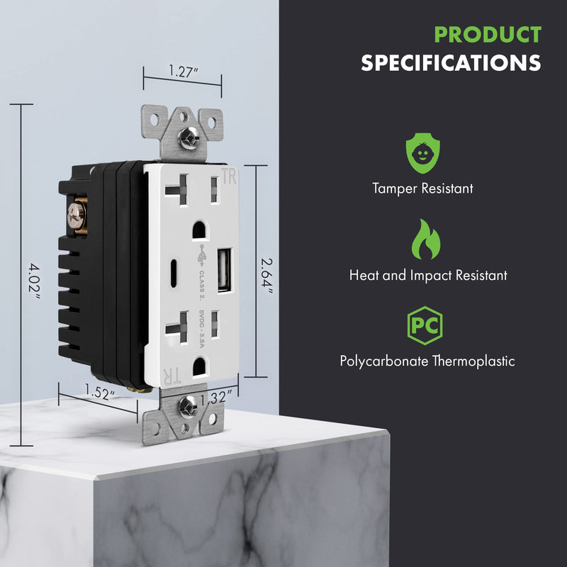 [AUSTRALIA] - TOPGREENER 20 Amp USB Outlet, Type C USB Wall Charger Outlet, 20A Tamper-Resistant Receptacle with 2 USB Charging Ports, TU22036AC-W-2PCS, White, 2 Pack 