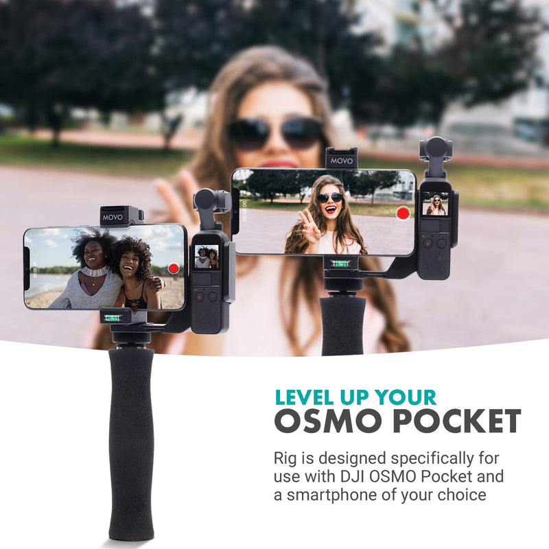Movo Video Rig Compatible with The DJI OSMO Pocket 1, 2 - Includes Universal Smartphone Mount, Grip Handle, and 2 Cold Shoes for Mounting Microphone, Light - OSMO Pocket Microphone and Video Rig