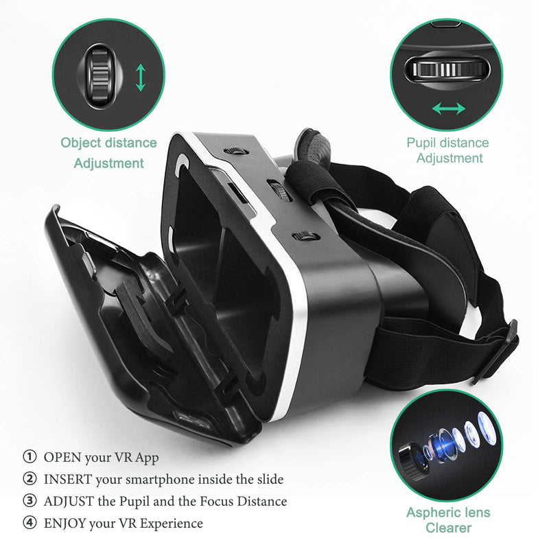 VR Headset, VR 3D Virtual Reality Headset for Movies and Games VR Glasses Goggles Compatible with Phone & Android, 2K Anti-Blue Lenses, Adjustable Pupil & Object Distance (Black) Black