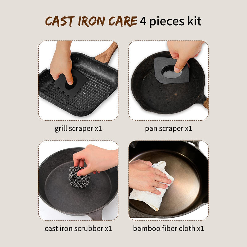 Herda Cast Iron Scrubber Skillet Scrapers Kit, 4Pieces Castiron Cleaning Kit 316 Chain Mail Scrubber for Pan Pot, Cast Iron Cleaner Iron Skillet Care Accessories Scraper Tool for Grill Griddle Pan Wok Black Kit