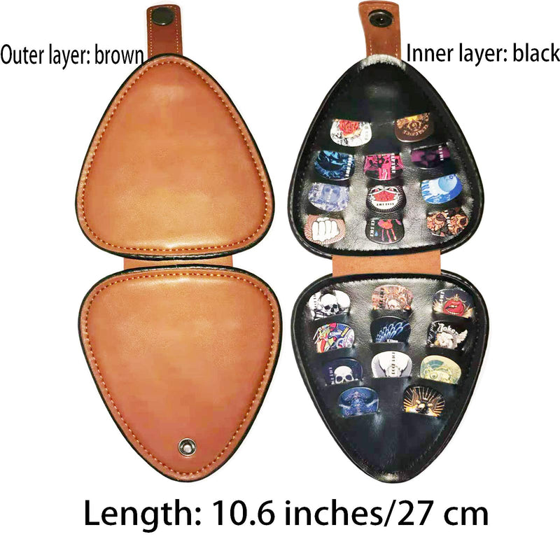 Guitar pick holder with 22 guitar picks (different patterns and thicknesses) can accommodate pick case of various thicknesses. PU leather outer layer is brown, inner layer is black