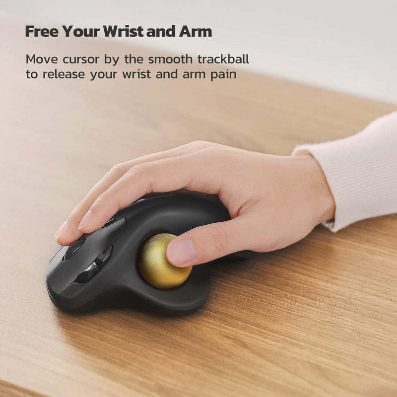 Wireless Trackball Mouse, Rechargeable Ergonomic Mouse, Easy Thumb Control, Precise & Smooth Tracking, 3 Device Connection (Bluetooth or USB), Compatible for PC, Laptop, iPad, Mac, Windows, Android Gold