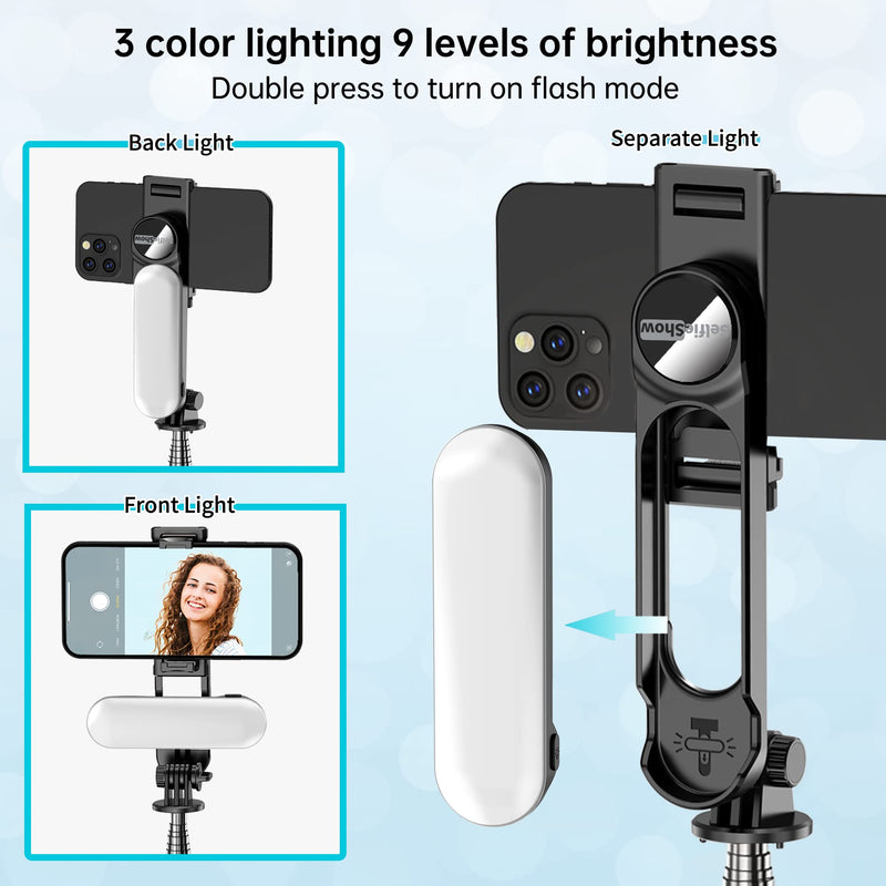 Stable Selfie Stick Tripod with Fill Light, 44 Inch Extendable Selfie Stick with Wireless Remote and Tripod Stand 360 Rotation for iPhone 13/12/11 Pro/XS Max/XS/XR/X/8/7, Samsung and Smartphone With Light