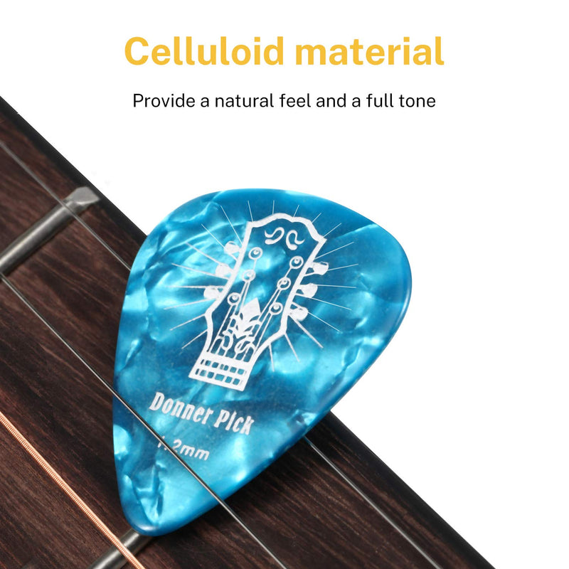 Donner Celluloid Guitar Picks 48 Pieces Includes 4 Thickness, Thin, Medium, Heavy & Extra Heavy Gauges with Tin Box Variety Pack Picks for Bass Electric Acoustic Guitars