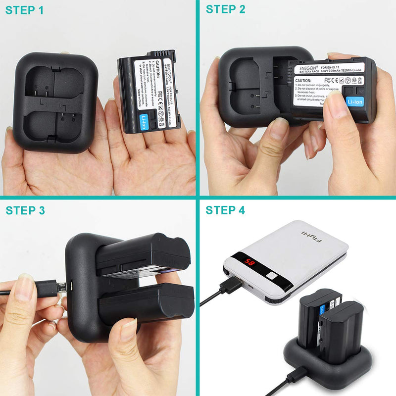 EN-EL15 ENEGON Replacement Battery (2-Pack) and Rapid Dual Charger Kit for Nikon EN-EL15/15a and Compatible with Nikon Z6 Z7 D500 D600 D610 D750 D800 D810, D810a D850 D7100 D800e D7000 D7200