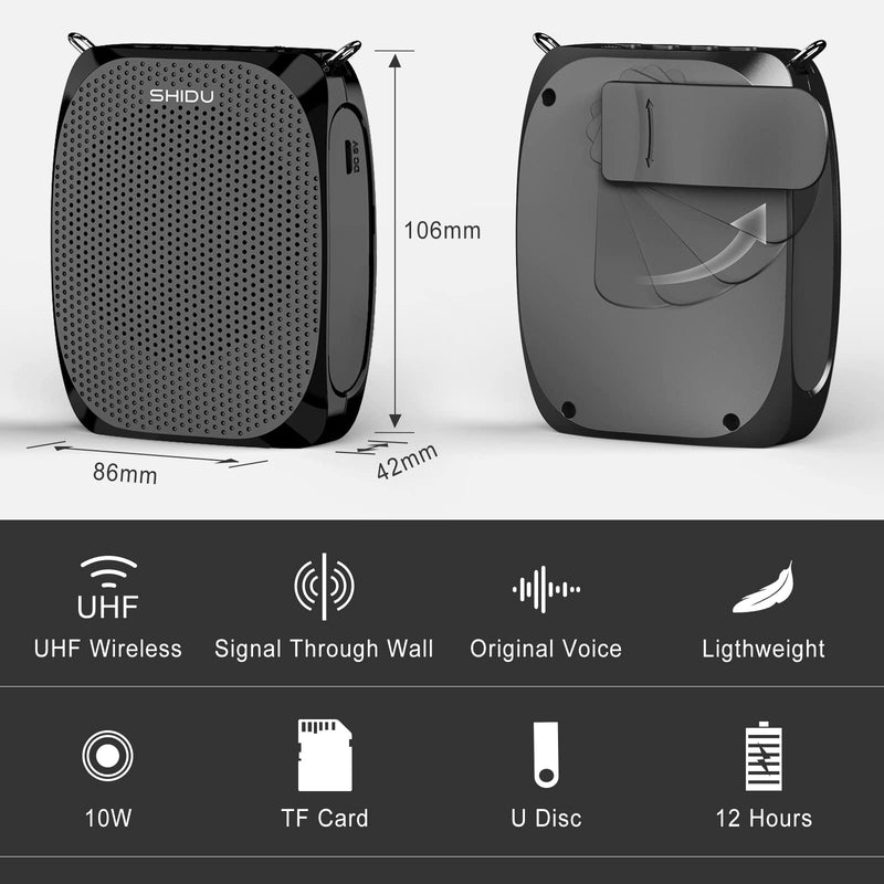 SHIDU Voice Amplifier for Teachers,Mini Voice Amplifier with UHF Wireless Microphone Headset,1800mAh Rechargeable 10W Personal Portable Speaker Suitable for Coaches,Tour Guides and Outdoors Black