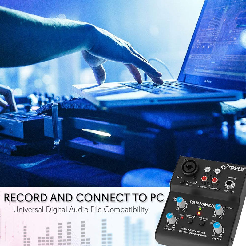 Pyle 2-Channel Audio Mixer - DJ Sound Controller Interface with USB Soundcard for PC Recording, XLR and 3.5mm Microphone Jack, 18V Power, RCA Input and Output for Professional and Beginners - PAD10MXU 2 Channel