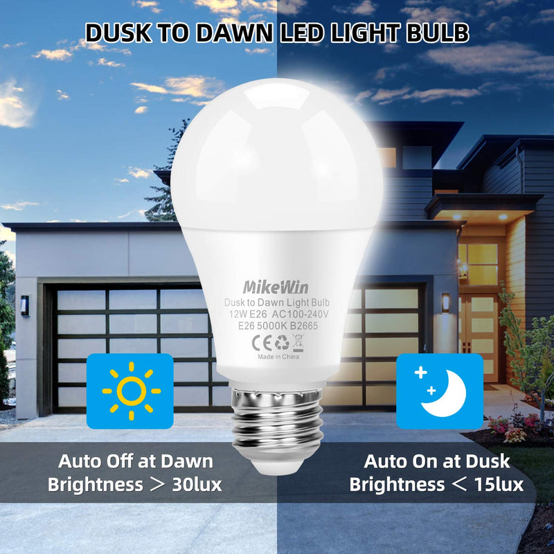 MikeWin Outdoor Dusk to Dawn Light Bulbs 2 Pack, 12W(100W Equivalent), E26 5000K, Built-in Photocell Detector, Auto On/Off, Smart Sensor LED Lighting Bulb for Porch Hallway Garage Boundary Cool White 5000K 2p