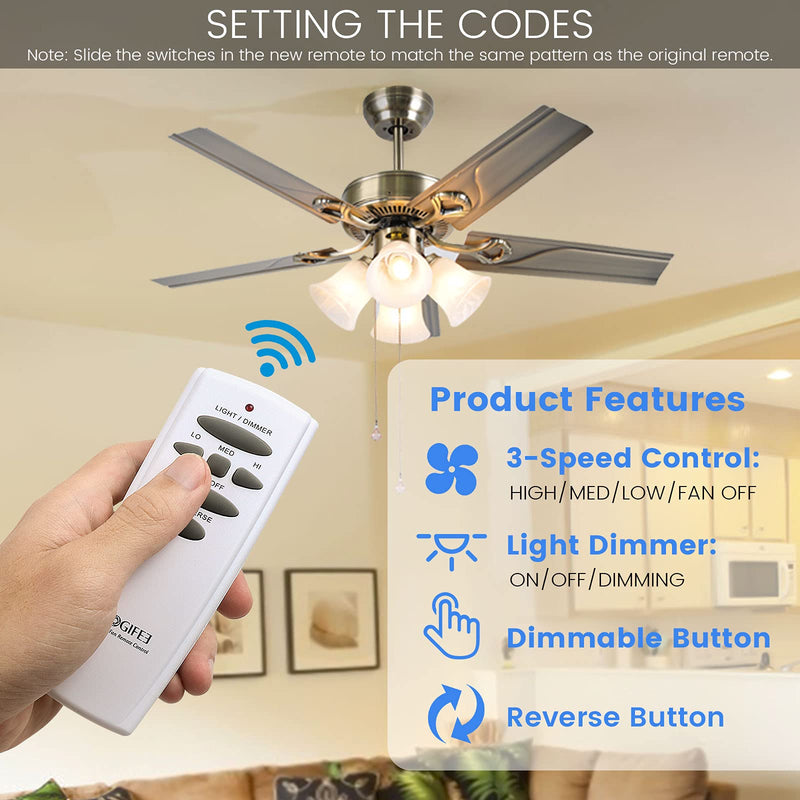 Eogifee Ceiling Fan Remote Control of Replacement for Hampton Bay UC7078T with Light Dimmer, Reverse Direction,3-Speed Control Compatible with CHQ7078T,CHQ8BT7078TCHQ8BT7078,HD6