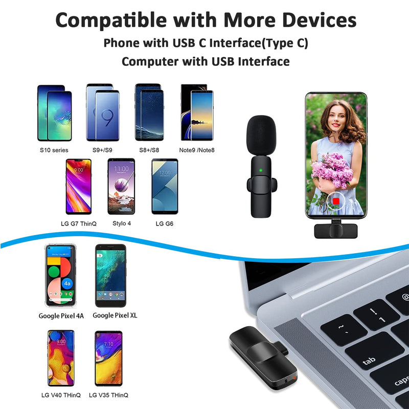 Professional Wireless Lavalier Lapel Microphone for Android Computer - Cordless Omnidirectional Condenser Recording Mic with USB C Interface for Interview Video Podcast Vlog YouTube Black