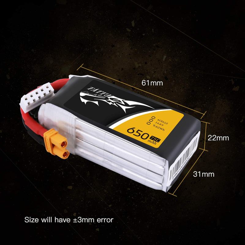 Tattu 14.8V 75C 4S 650mAh LiPo Battery Pack with XT30 Plug for 90 to150mm Size FPV Quadcopters