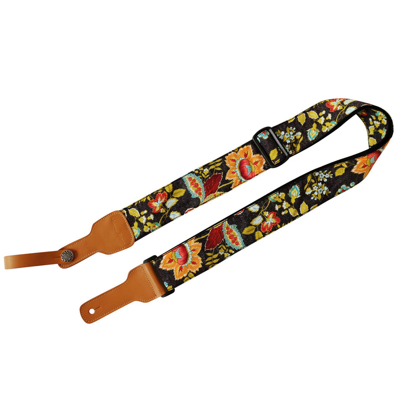 [AUSTRALIA] - MUSIC FIRST Original Design, 2 inch width (5cm), Vintage French Country Style “Floral” Soft Cotton & Genuine Leather Delux Guitar Strap, Ukulele Strap, Mandolin Strap 