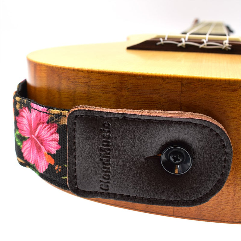 CLOUDMUSIC Ukulele Strap Hawaiian Hibiscus Roses Floral Strap For Soprano Concert Tenor Baritone (Hibiscus In Black) Hibiscus In Black