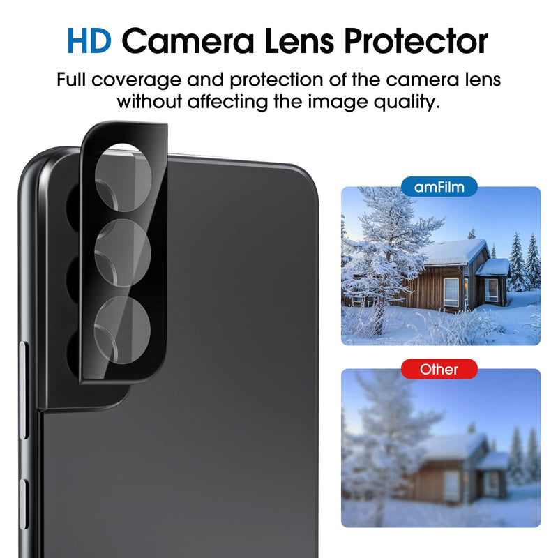 amFilm 2 Pack Hybrid Screen Protector for Samsung Galaxy S22 5G 6.1 Inch [100% Fingerprint ID Compatible] with 2 Pack Tempered Glass Camera Lens Protector and Easy Installation Tray, HD Clear