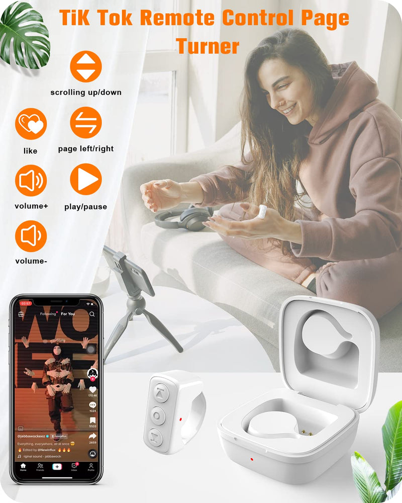 TikTok Remote Control Kindle App Page Turner, Bluetooth Camera Video Recording Remote, TIK Tok Scrolling Ring for iPhone, iPad, iOS, Android - White