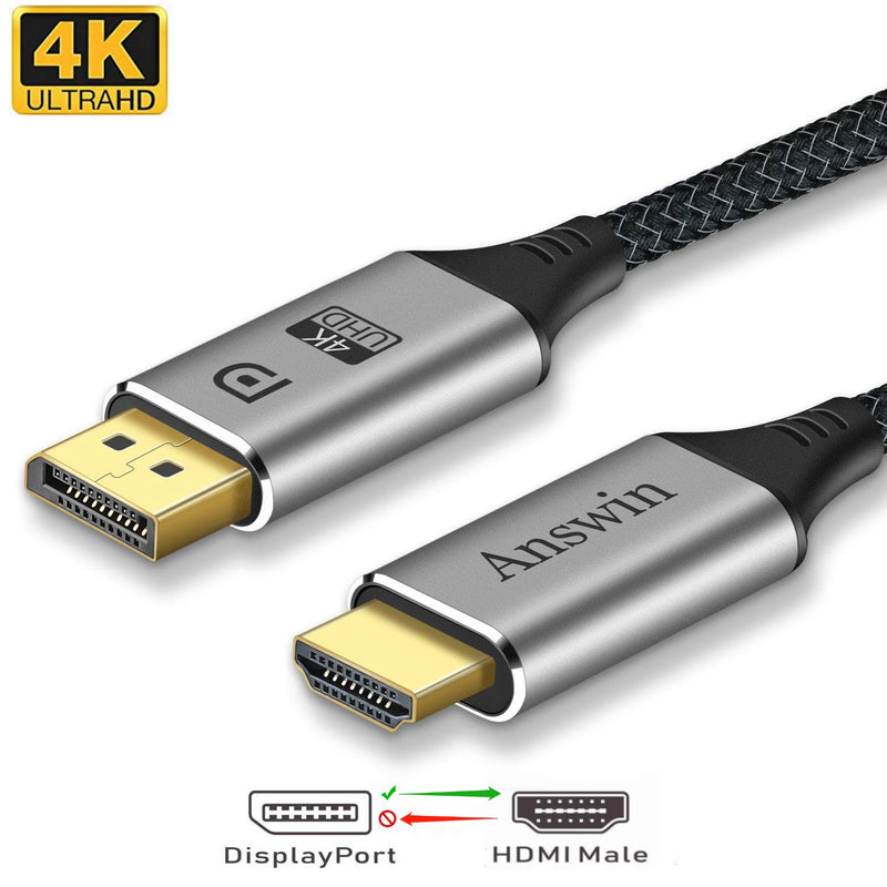 DisplayPort to HDMI, Answin DisplayPort to HDMI 4K Unidirectional DP to HDMI Cable Compatible for HP, DELL, GPU, AMD, NVIDIA and More-6ft Grey