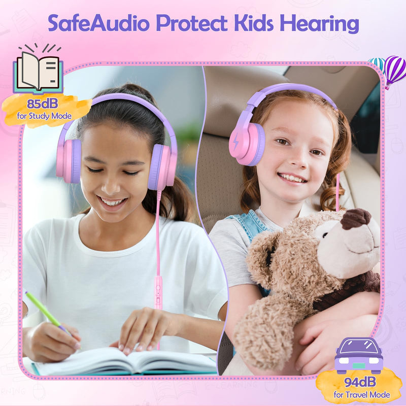 Candy Bila Kids Headphones, Wired Headphones for Kids with Microphone, 85/94dB Volume Limiter Headphones for Girls Boys with Sharing Jack, Foldable Headphones for Online Study, Gradient Red
