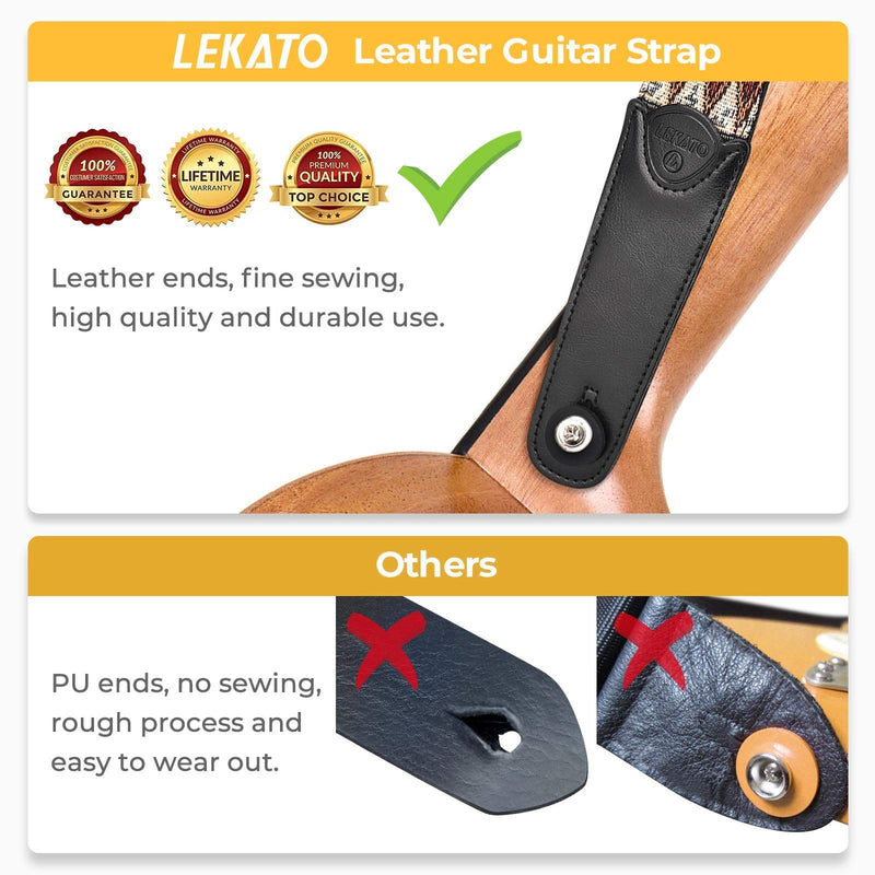 LEKATO Guitar Strap with Leather Ends Adjustable Guitar Shoulder Strap Bass Strap Suitable for Bass, Electric & Acoustic Guitars With 6 Guitar Picks, 2 Strap Locks Vintage Woven Style Strap Red