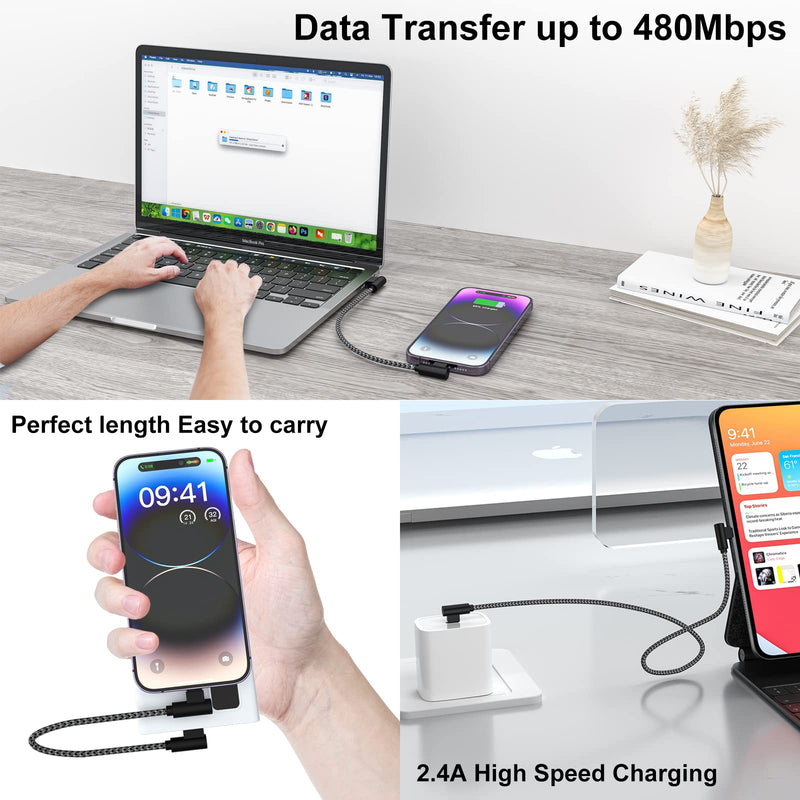 Osecet iPhone Charger 1ft 90 Degree 2 Pack MFi Certified Elbow Short Lightning Cable Right Angle Fast Charging Cord for iPhone 14 13 12 11 Pro X XS XR 8 Plus 7 6 5 (Black Grey,1 Foot) Black Grey