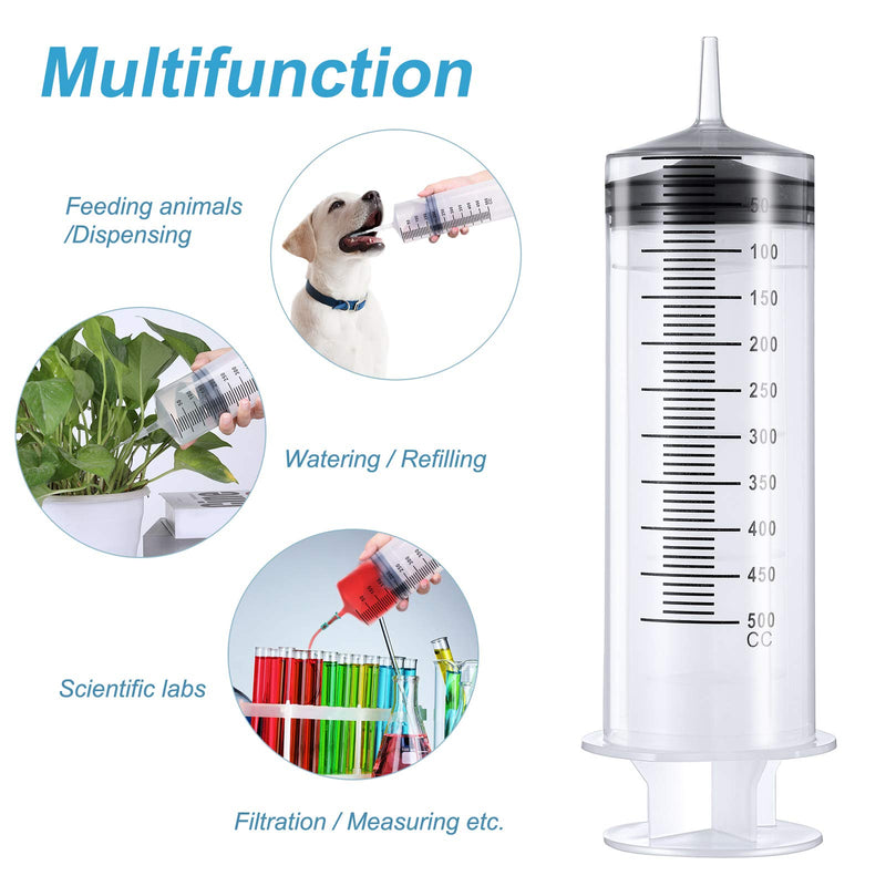 BBTO 2 Pieces Large Plastic Syringe with Tube 2 Pieces 40 Inch Handy Plastic Tubing and 2 Pieces Connections for Scientific Lab, Glue Dispensing, Watering, Refilling, Feeding and Measuring (500 ML) 500 ML