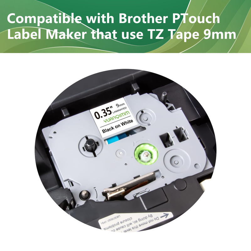YUANQIMM Compatible Brother TZe221 TZe-221 TZ221 TZ Tape 9mm 0.35 Laminated White Label Maker Tape TZ221 Replacement for Brother P Touch 3/8 Inch Black on White Tape for PT-D210 Printer, 5 Pack