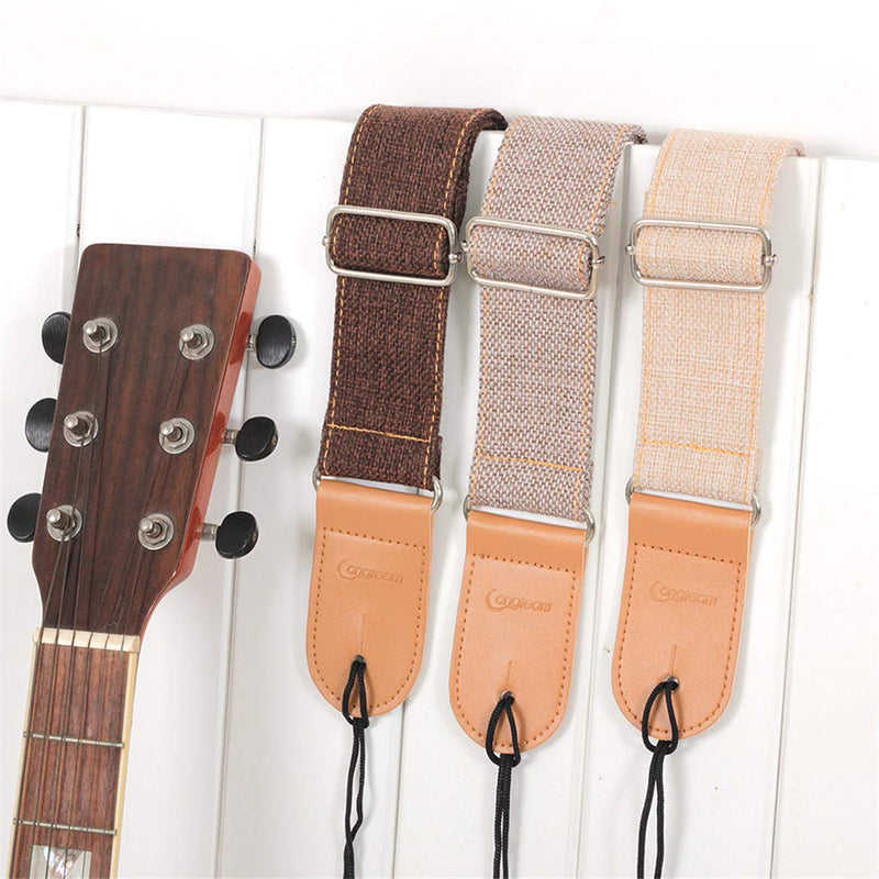 Longteam Simple Linen Leather Guitar Strap Adjustable Length Durable Electric Guitar Bass Straps with Nail, Rope, Picks (Coffee) Coffee