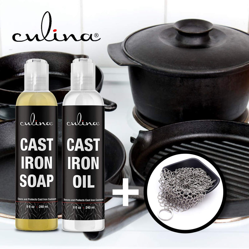 Culina Cast Iron Soap Set & Conditioning Oil & Stainless Scrubber | All Natural Ingredients | Best for Cleaning, Non-stick Cooking & Restoring | for Cast Iron Cookware, Skillets, Pans & Grills!…