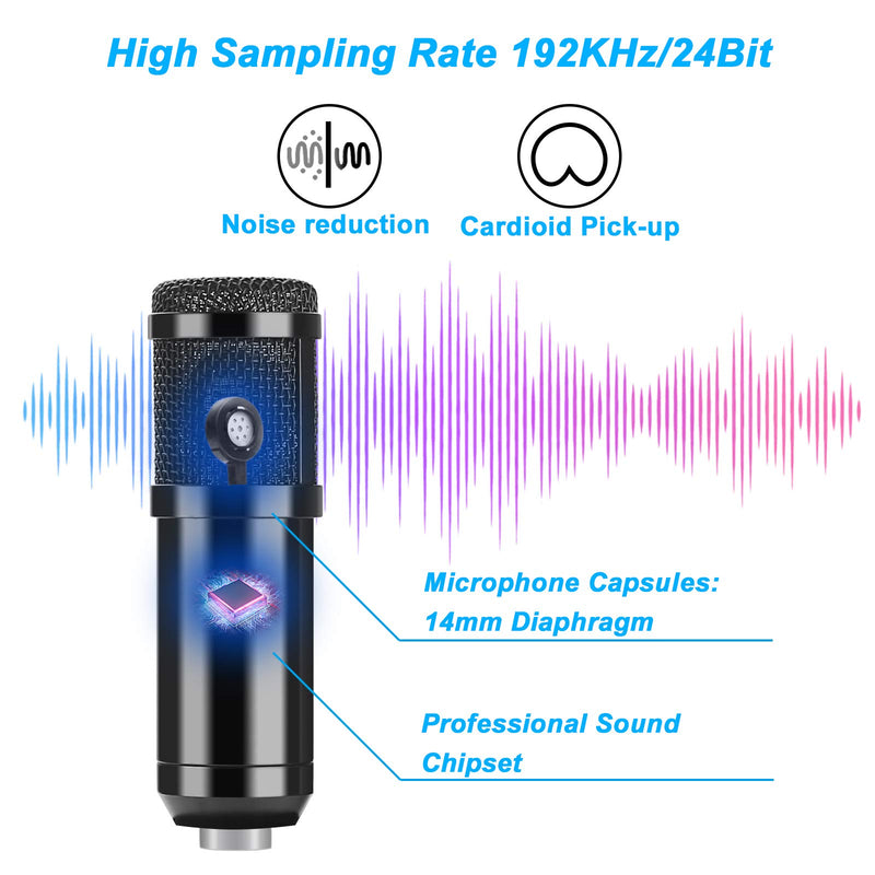 USB Microphone, AGPtEK USB Microphone Kit 192KHz/24Bit USB Condenser Podcast Streaming Microphone with Table Mic Stand, Pop Filter and Wind Foam for Skype, YouTube, Gaming, Karaoke and PC