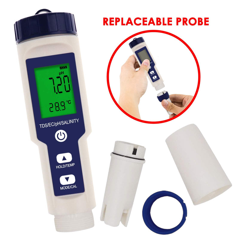 DANOPLUS 5 in 1 Digital pH Meter with TDS/EC/Salinity/Temperature Measurement Waterproof Highly Accurate Multi-Parameter Tester pH/TDS/EC/Temp/Salinity