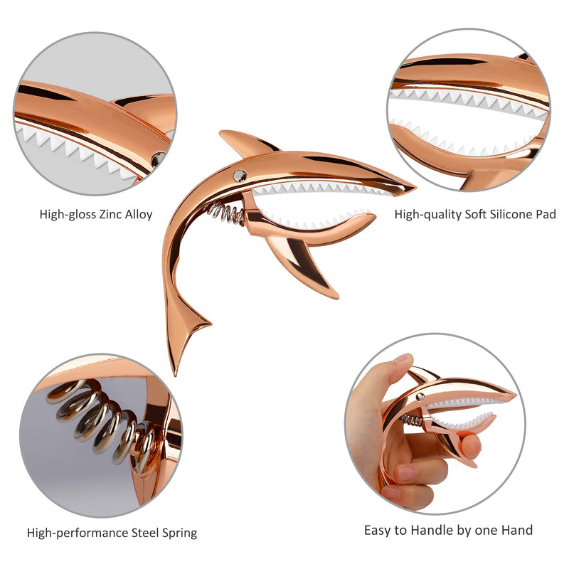 Shark Capo Acoustic and Electric Guitar Capo Zinc Alloy Metal Spring Capo for Ukulele Banjo Mandolin Bass (Rose Gold)