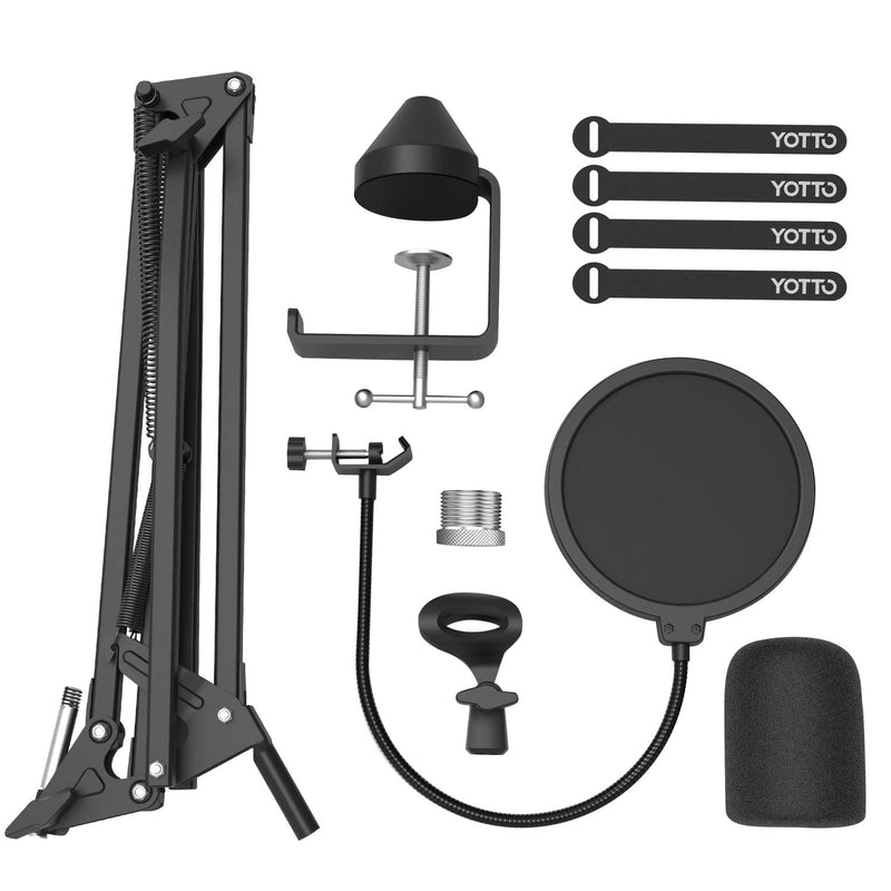 YOTTO Microphone Stand, Heavy Duty Mic Stand Adjustable Suspension Boom Scissor Arm with Pop Filter, 3/8" to 5/8" Adapter, Mic Clip, Upgraded Heavy Duty Clamp for Blue Yeti Snowball & Other Mics