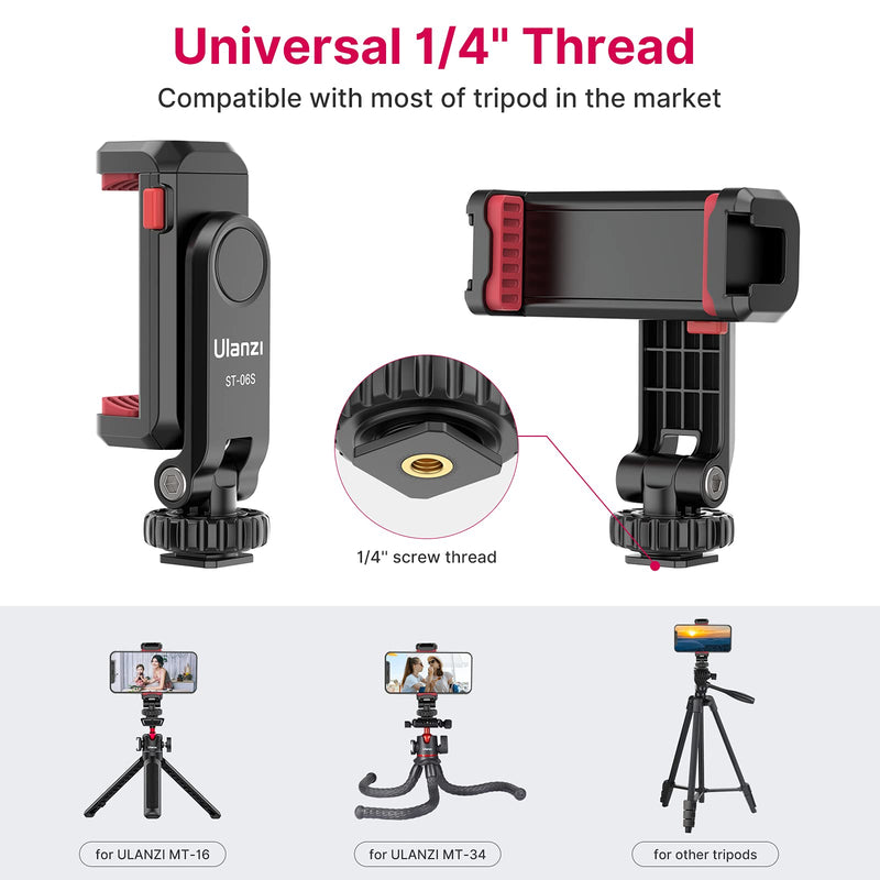 Camera Phone Hot Shoe Holder - ST-06s Cell Phone Tripod Mount Adapter 2 Cold Shoe Phone Clip 360 Rotation Smartphone Clamp Compatible for iPhone Android Sony Canon DJI Ronin S/SC Zhiyun Gimbals