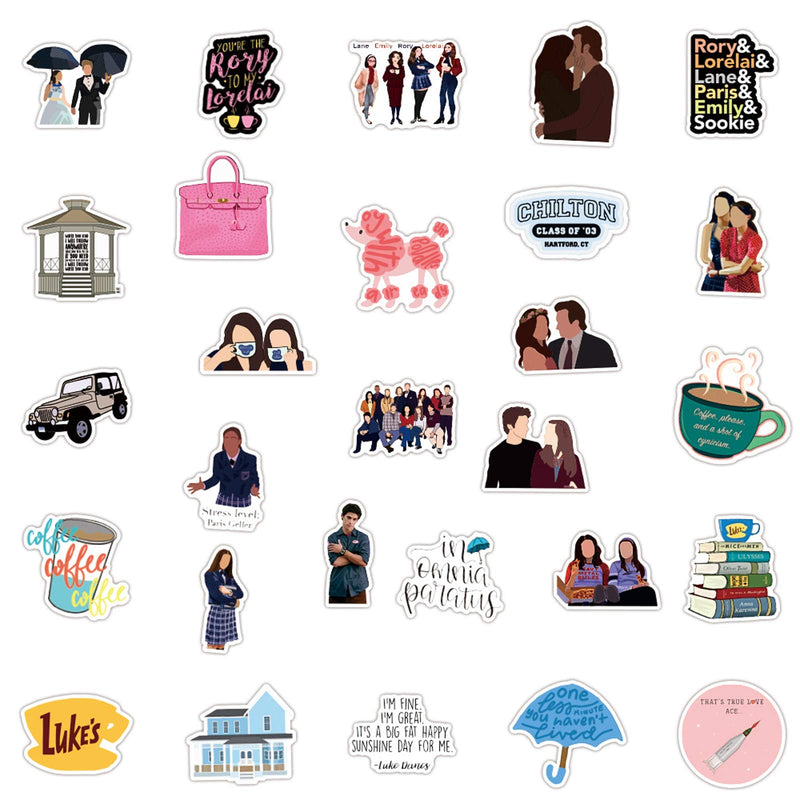 Gilmore Girls Stickers 50pcs Vinyl Water Comedy TV Show Decal for Laptop Skateboard Bumper Cars Computers Cool Teens Adults Decorations Gilmore Girls